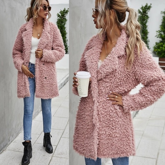 Jackets & Blazers - Pink fluffy teddy coat overcoat blush faux fur